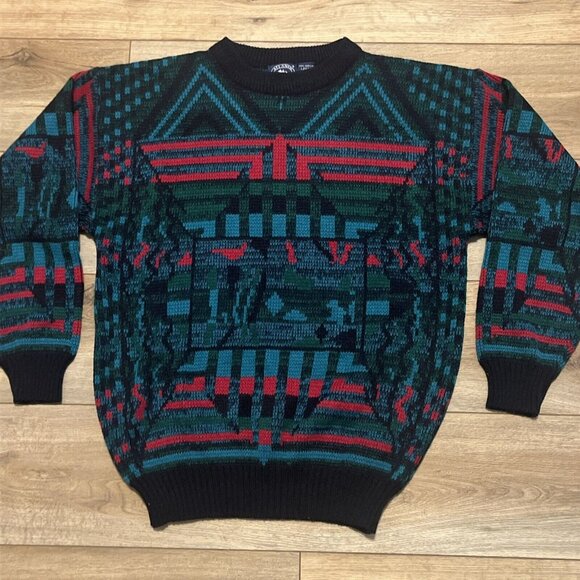 Men's VTG Atlantic Traders Geometric Knit Sweater LARGE Multicolor Grandpa Retro - Picture 2 of 10